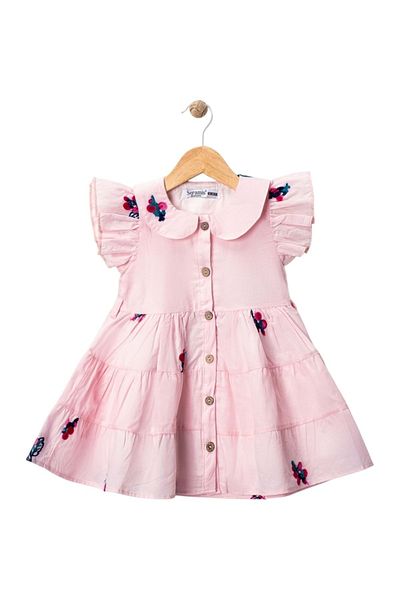 Balgüneş Tekstil Baby Collar Embroidered Flower Dress Pink