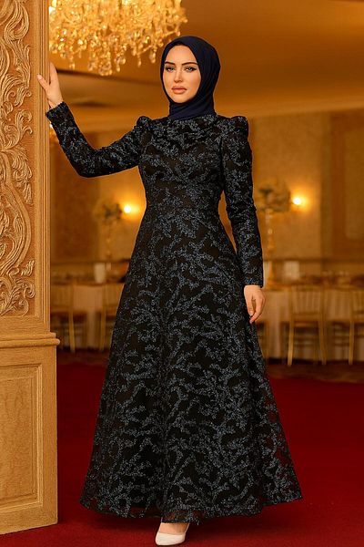 Neva Style Rochie de seară cu hijab neagră din dantelă 3330s