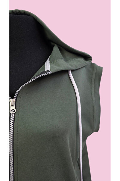 AHMERA Unisex Khaki Green Regular Fit Hooded Vest with Pockets