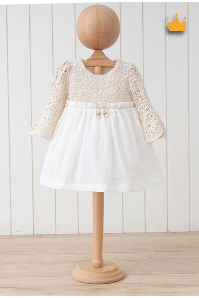 Mymio 0-24 Months Baby Girl Child Beaded Natural Lace Summer Eid Dress Ecru 3902