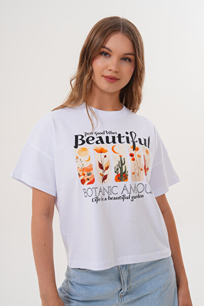 Basics&More Tricou alb supradimensionat pentru femei – Botanik cu imprimeu ,B...