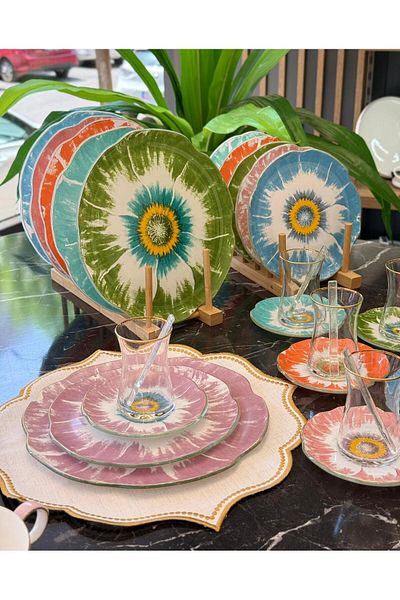Onedekor 30 Piece Daisy Color Mix Serving Cake Tea Set Gold