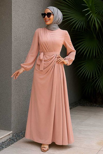 Neva Style Drape Detailed Powder Hijab Evening Dress 5711Pd