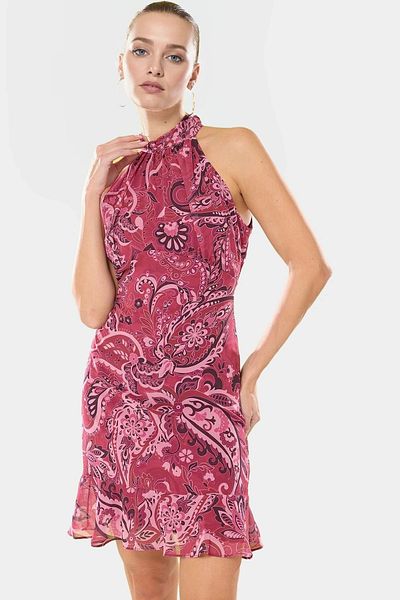 PayBuy Chiffon Mini Dress Floral Pattern Halter Neck Summer Lined Premium Quality Zarifane Design