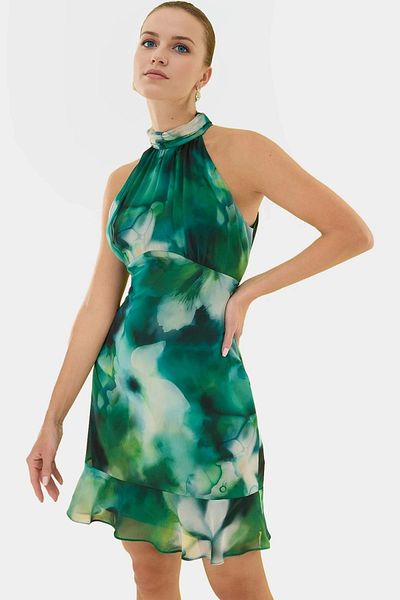 PayBuy Chiffon Mini Dress Floral Pattern Halter Neck Summer Lined Premium Quality Zarifane Design