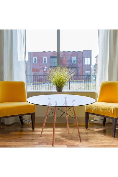 Homelux Round Table Ice, 99x75 cm, Transparent Color, Glass Top 8 mm, Wooden Legs with Metal Inserts