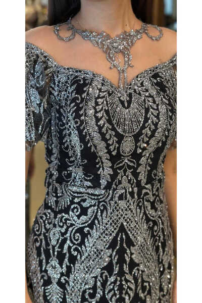 Abiyeniall Siyah Gümüş Balon Kollu Dantel Detaylı Düz Kesim Simli Uzun Abiye Elbise 7278