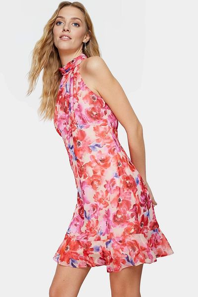 PayBuy Chiffon Mini Dress Floral Pattern Halter Neck Summer Lined Premium Quality Zarifane Design