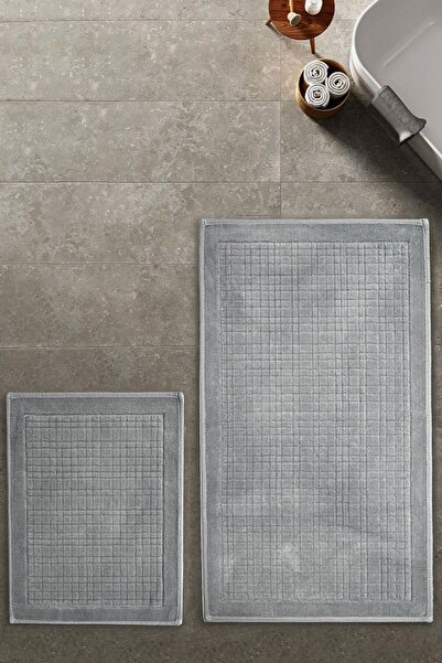 Hevia Home طقم سجادة حمام من القطن الطبيعي مكون من قطعتين باللون الرمادي