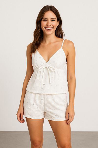 Noi Belis White Floral Pattern Blouse Shorts Summer Set Ss25Au0003
