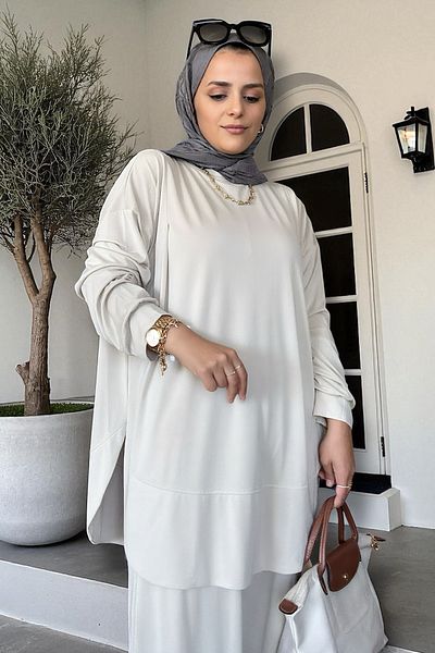 Aselim Hijap Moda Serinsoft Summer Double Suit - Pocket Pants & Flowy Tunic 36-48 Size Beige