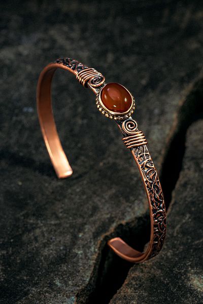 OSMANLI GÜMÜŞ Copper Handcuff Bracelet with Red Agate Natural Stone Men Women Quartz Stone & Metal Boxed