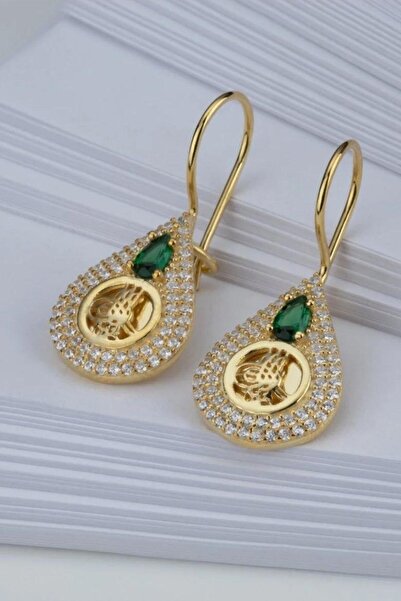 Şimal Silver 925 Ayar Gold Zirkon Taşlı Tuğralı Gümüş Küpe
