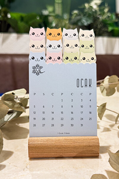 MSticker 2026 Ahşap Ayaklı Kedili Sevimli Tasarım Mini Tasarım Takvim, 2026 Yeni Yıl Hediyesi