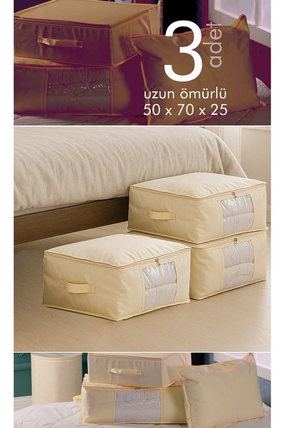 Vedsey Home Organizer Σετ 3 Μεγάλο Μέγεθος 70x50x25cm Καναπές-κρεβάτι με Παράθυρο & Βάση, Πάπλωμα & Μαξιλάρι Organizer Κρέμα Θήκης