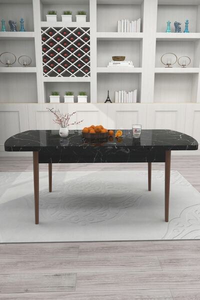 Renlife Siyah Mermer Yemek Masası Mutfak Masası Ahşap Ayaklı Oval Açılır Masa Kelebek Masa (SİYAH MERMER)