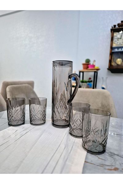 Avantaj Kapıda Durable Acrylic 1.5 L Jug Set of 4 Glasses • 400 ml Smoked Soft Drink Water Set