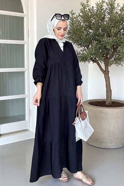 Aselim Hijap Moda Φόρεμα μουσελίνας με κουμπιά Roba Cut 4 στρώσεων – Καλοκαιρινό μοντέλο 100% βαμβάκι (μέγεθος 36-52) Μαύρο