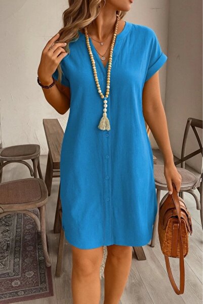 Genel Markalar Kadın Kısa Kollu önden Düğmeli Ithal Keten Elbise