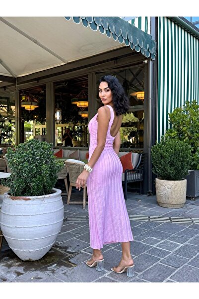 Lila Moda Askılı Sırt Dekolteli Jakarlı Kolsuz Maxi Boy Astarlı Elbise