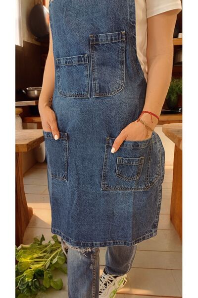 NikAr Home Kot Kumaş Boyundan Askılı Çok Cepli Mutfak Önlüğü