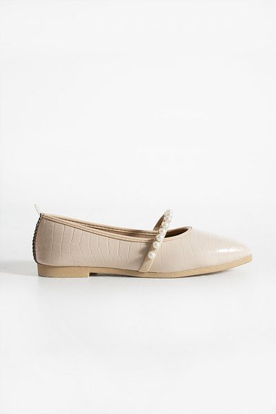 Moda Devrin Women's Beige Crocodile Pearl Ballerina Home and Outdoor Shoes