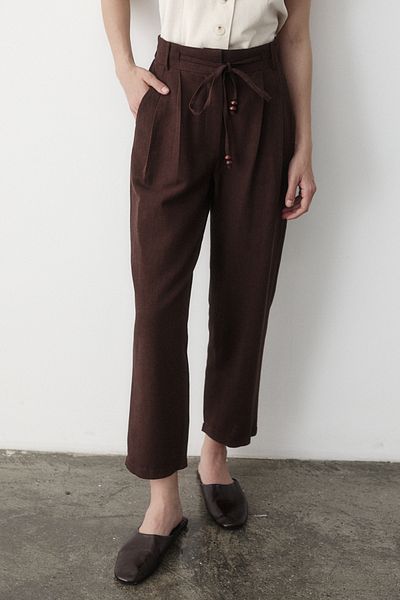 JASTE Women's Brown High Waist Beaded Lace-Up Linen Trousers