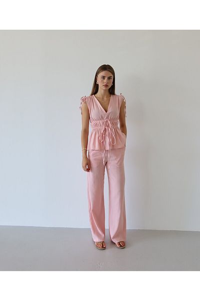 JASTE Women's Shoulder Waist Gathered Blouse & Elastic Waist Pants Linen Set