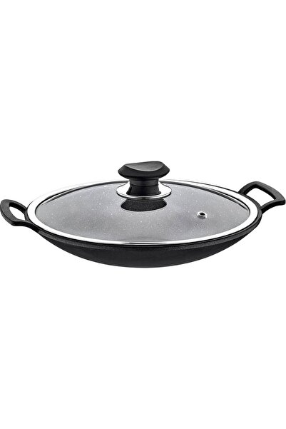 OMS Granit Cam Kapaklı Kavurma Sacı Tava 34 Cm Siyah