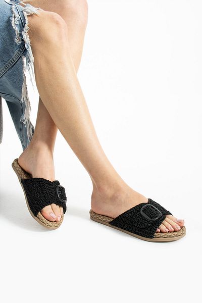 Moda Devrin Black Knitted Buckle Women's Slippers Non-Slip Sole Pool Sea Beach Slippers