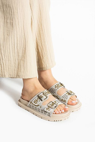 Moda Devrin Beige Double Buckle Stone Anatomical Comfortable Sole Slippers
