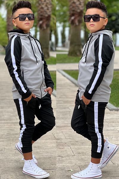Zaziko Kids Unisex Stripe Detailed Hooded Children's Tracksuit Set