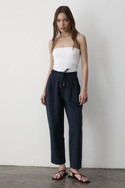 JASTE Women's Navy Blue High Waist Beaded Lace-Up Linen Trousers