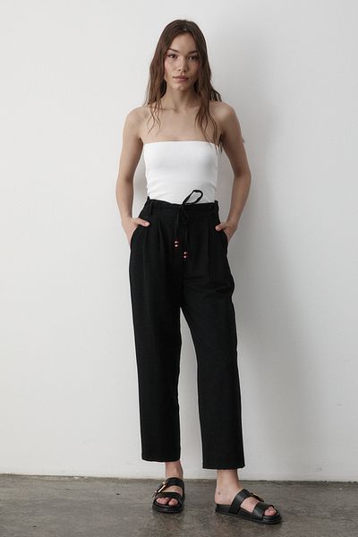 JASTE Women's Black High Waist Beaded Lace-Up Linen Trousers