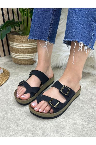 Nstil Women's Daily Black Slippers Single Toe Comfortable Cork Sole Adjustable Buckle Sandals 3416