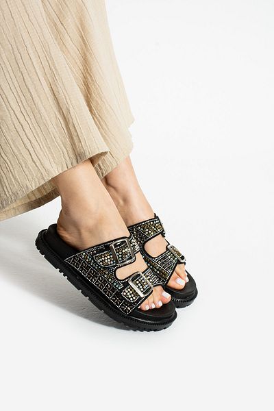 Moda Devrin Black Double Buckle Stone Anatomical Comfortable Sole Slippers