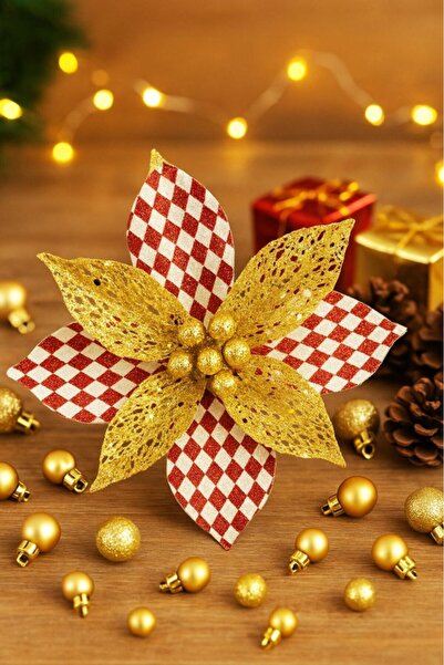 BeySüS Christmas Pine Tree Ornament Ponsetia Flower Large Red White Patterned