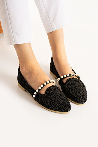 Moda Devrin Women's Black Braided Pearl Ballerina Home and Outdoor Shoes