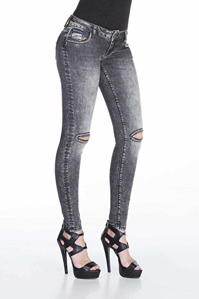 Cipo&Baxx Women's Black Ripped at Knees Embroidered Jeans