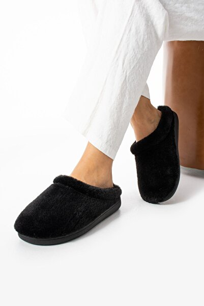 Moda Devrin Gz14670 Μαύρες βελούδινες γυναικείες παντόφλες σπιτιών