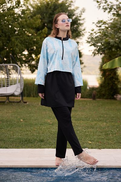 Bipantolon Γυναικείο Σετ μαγιό Hijab Blue Marbling Printed Full Closed 3 τεμαχίων