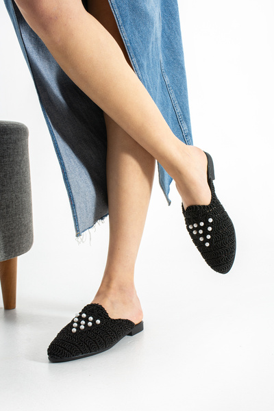 Moda Devrin Black Pointed Pear Women's Slippers Outdoor and Home Slippers