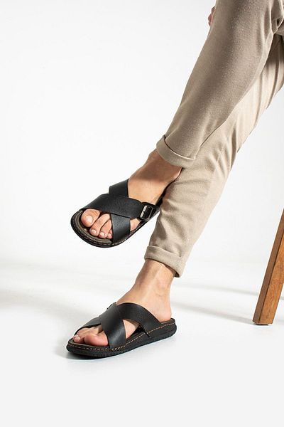 Moda Devrin Gz11653 Black Anatomical Sole Cross Home and Outdoor Slippers