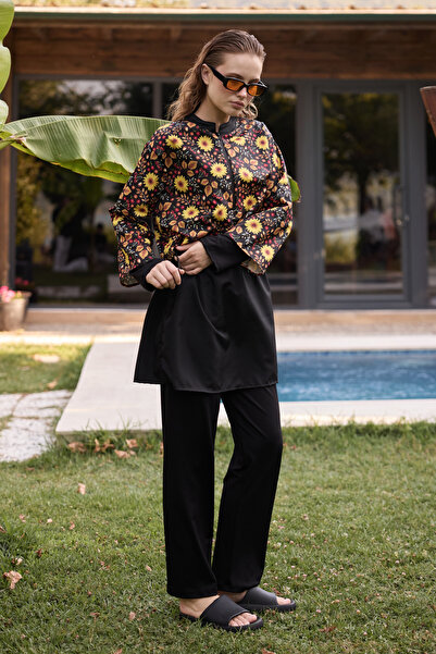 Bipantolon Women's Hijab Sunset Flowers Printed Full Covered 3 Piece Swimsuit Set