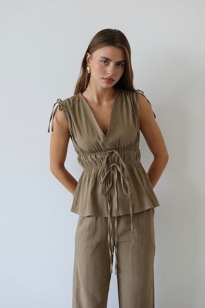 JASTE Women's Khaki Shoulder Waist Gathered Blouse & Elastic Waist Pants Linen Set