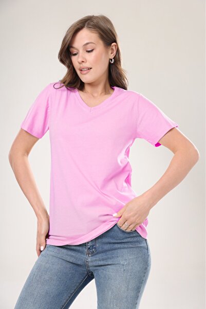 Tight Lady 100% βαμβακερό γυναικείο μπλουζάκι ροζ με λαιμόκοψη V μονόχρωμο Βα...