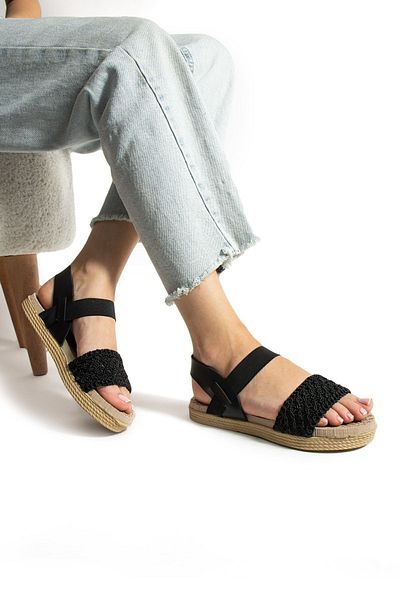 Moda Devrin Black Straw Knitted Elastic Sandals