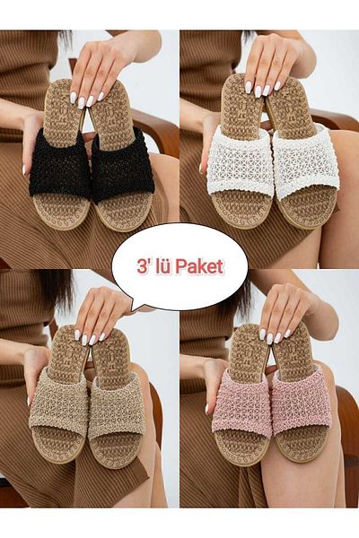 Moda Devrin Πακέτο με 3 Ανοιχτές Μπροστινές Ψάθινες Πλεκτές Παντόφλες Εξωτερικού και Εσωτερικού Σετ Πακέτο Προίκας