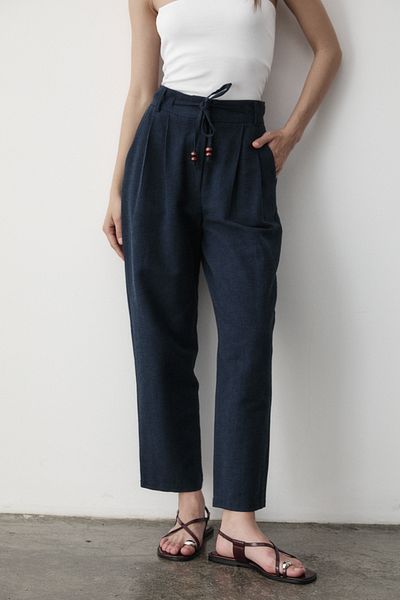 JASTE Women's Navy Blue High Waist Beaded Lace-Up Linen Trousers