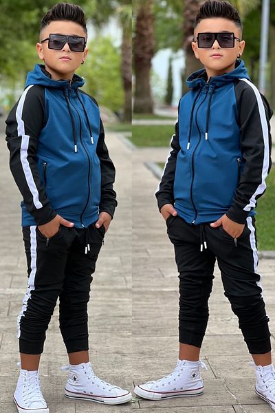 Zaziko Kids Unisex Stripe Detailed Hooded Children's Tracksuit Set